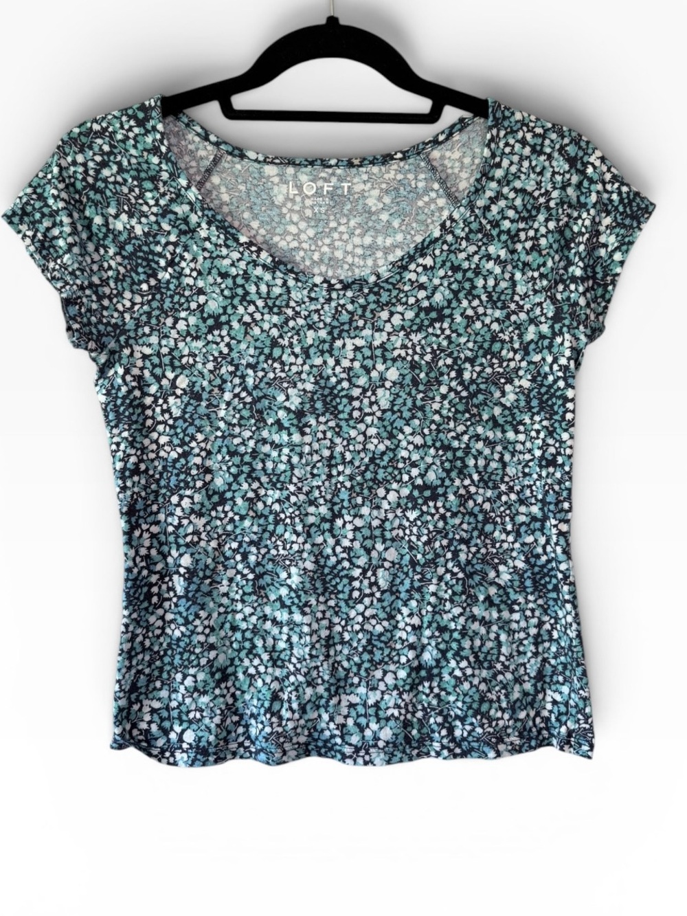 LOFT Floral Scoop neck Cap-Sleeve Cotton Modal T-Shirt Teal Blue Size XS - Picture 1 of 5